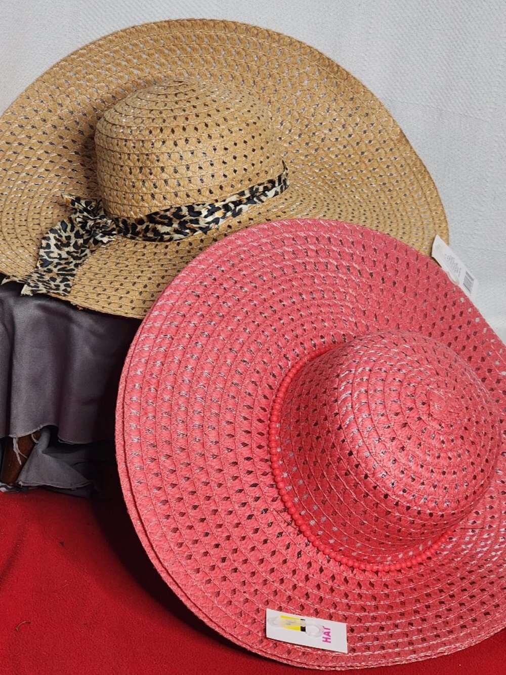 Old East Main Co. 1 -Tan Woven Sun Hat  Animal Print and 2 - Coral Pink Bead Hat